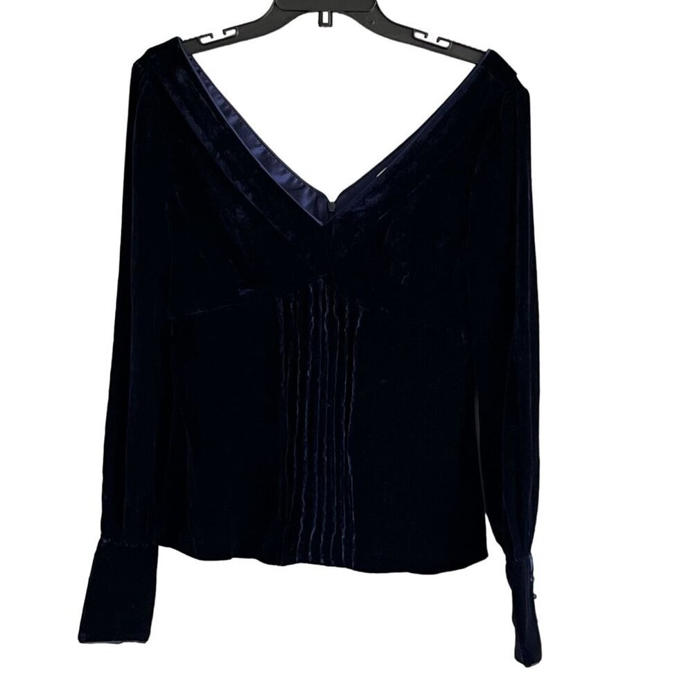 Alice & Olivia Deep V-Neck Velvet Blouse Button Cuff Pintuck Detail‎ Navy Medium
